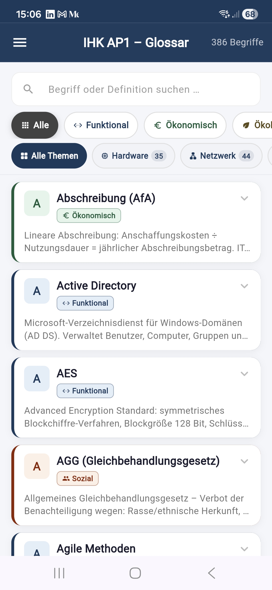 AP1 Coach Startseite mit 386 Fachbegriffen